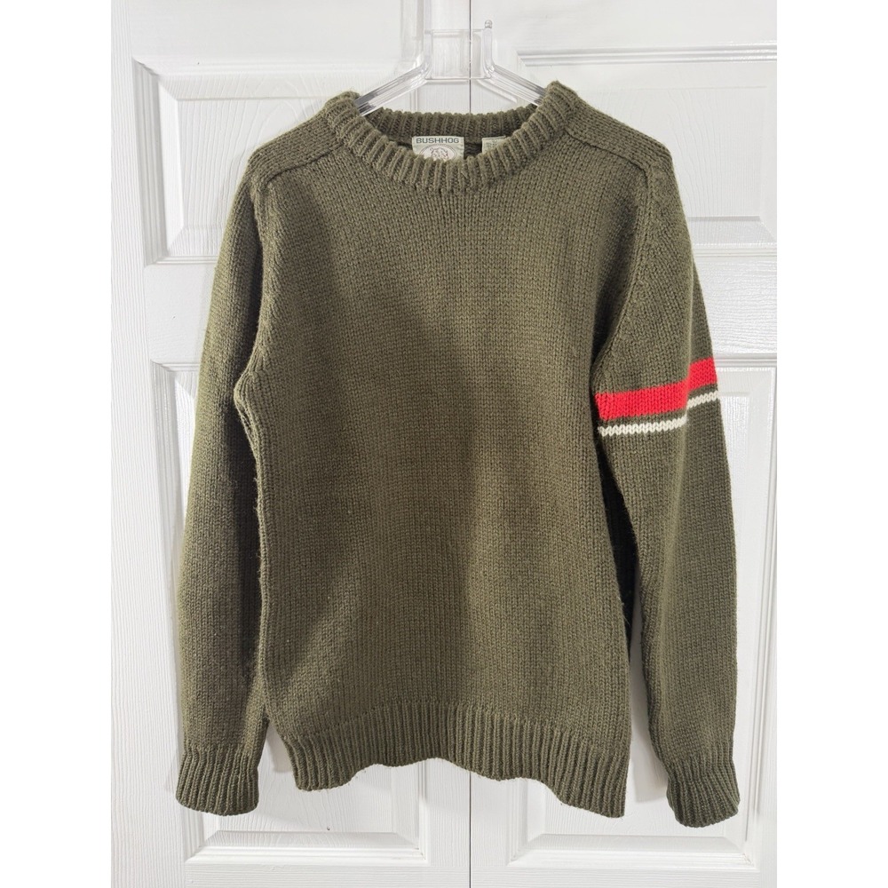 Bushhog  Mens large acrylic blend Pullover Knit Sweater green Elbow Patch Stripe
